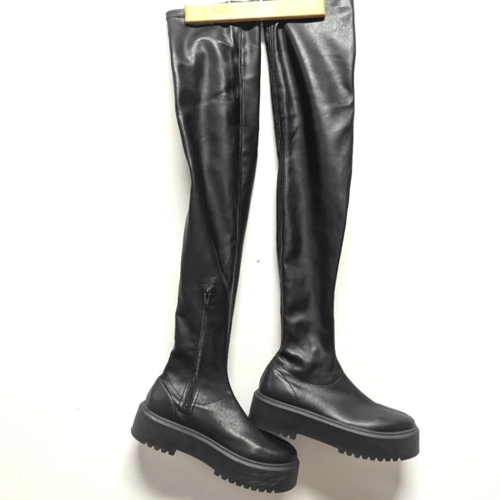 ASOS Stradivarius Black Over-the-Knee Stretch Boots Vegan Lug Goth 38 7.5/8